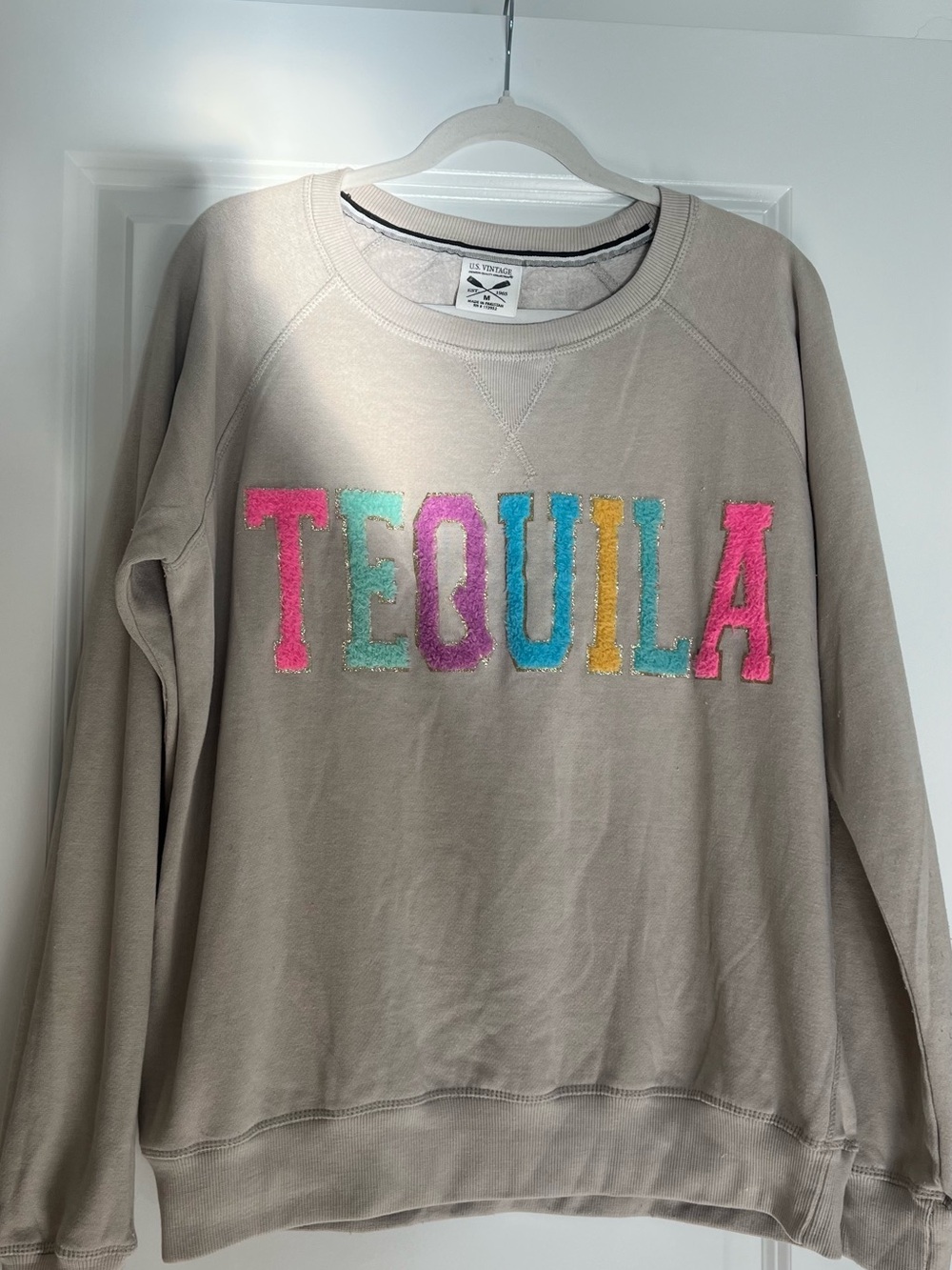 U.S. Vintage TEQUILA Embroidered Logo Crewneck Sweater - Taupe